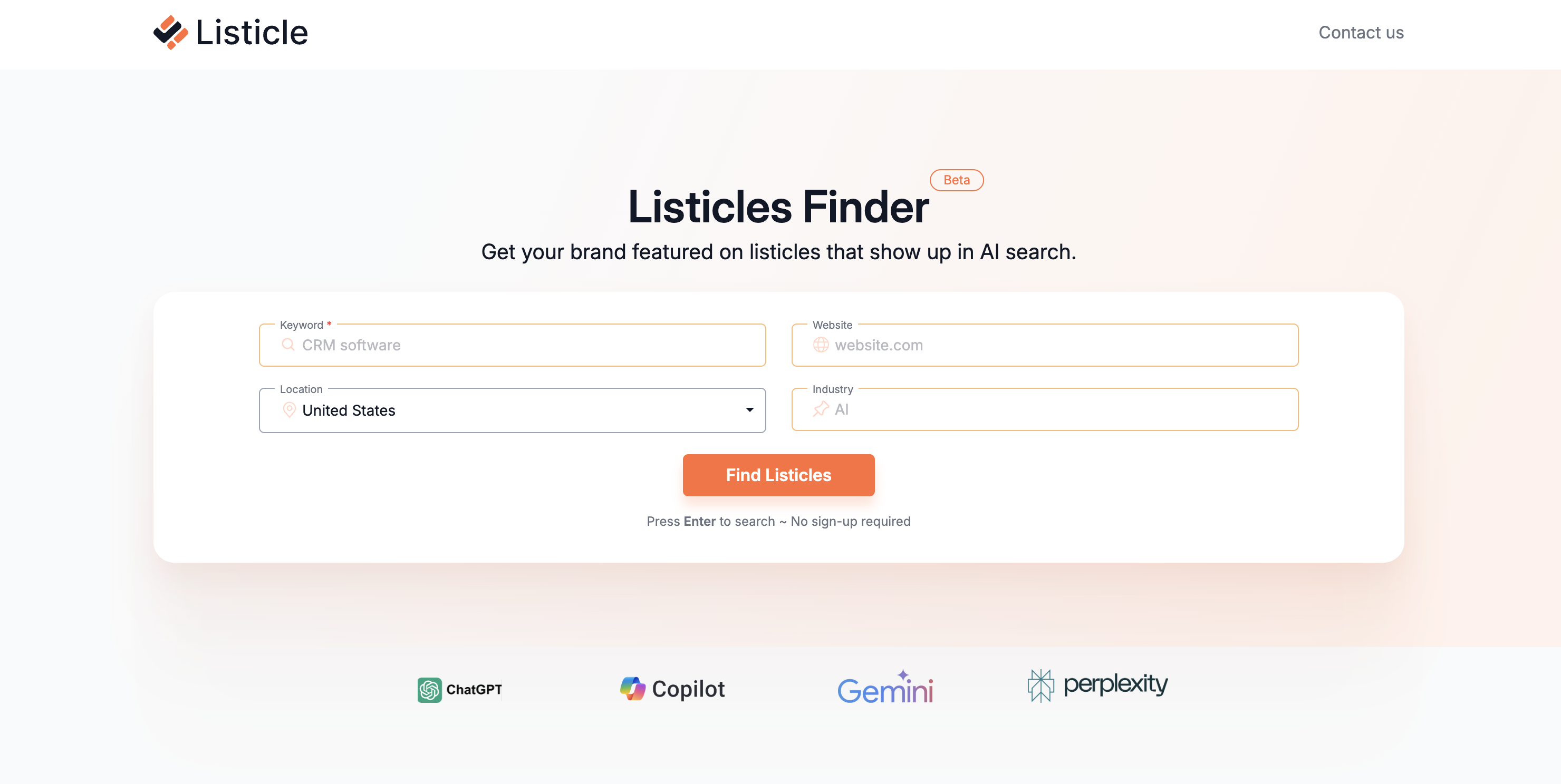 Listicle.com Listicles Finder search interface for finding third-party placement opportunities