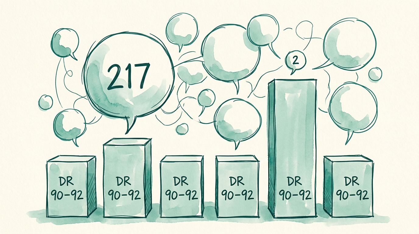Conceptual sketch showing identical SEO authority producing wildly different AI citation counts from 217 to 2
