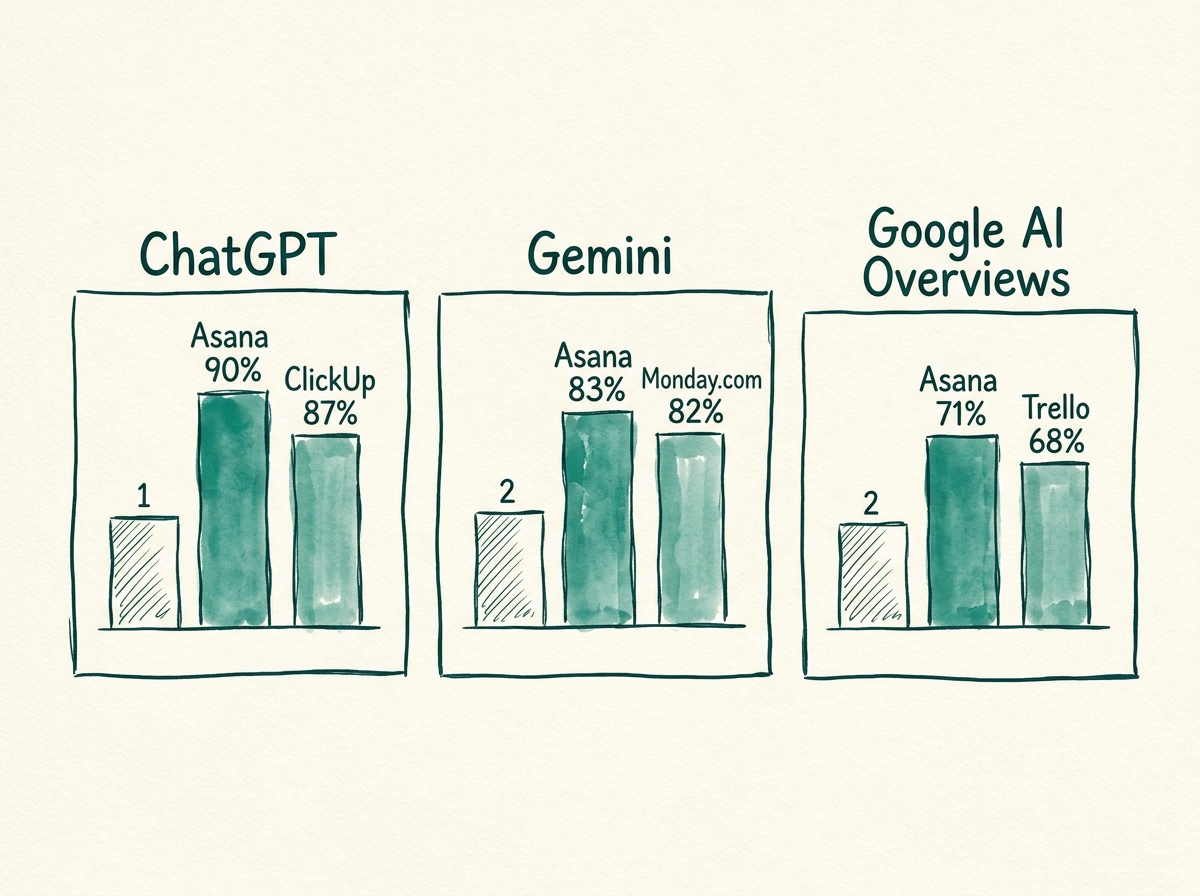 SEO vs AEO infographic showing three AI engines naming different runner-up project management tools