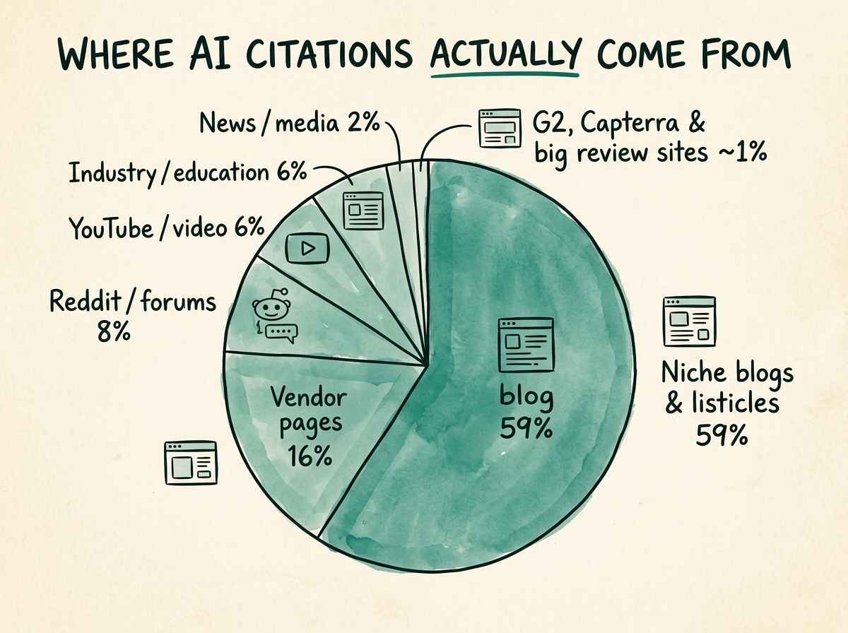 SEO vs AEO infographic showing AI citations come from niche blogs and Reddit, not paid review sites