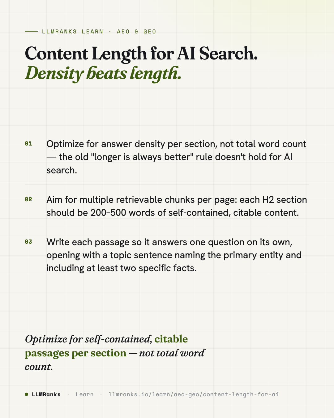 Content Length for AI Search — key takeaways card