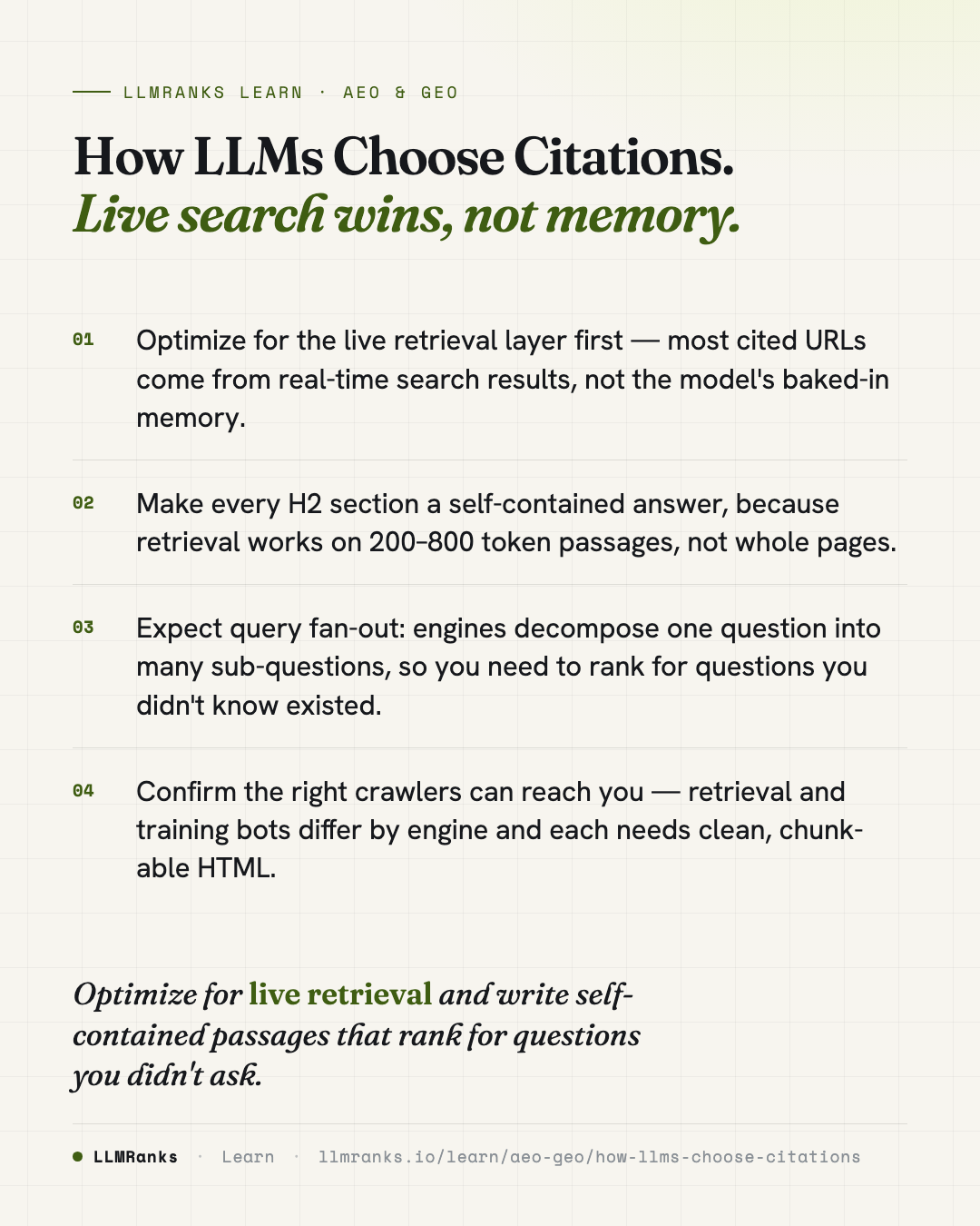 How LLMs Choose Citations — key takeaways card