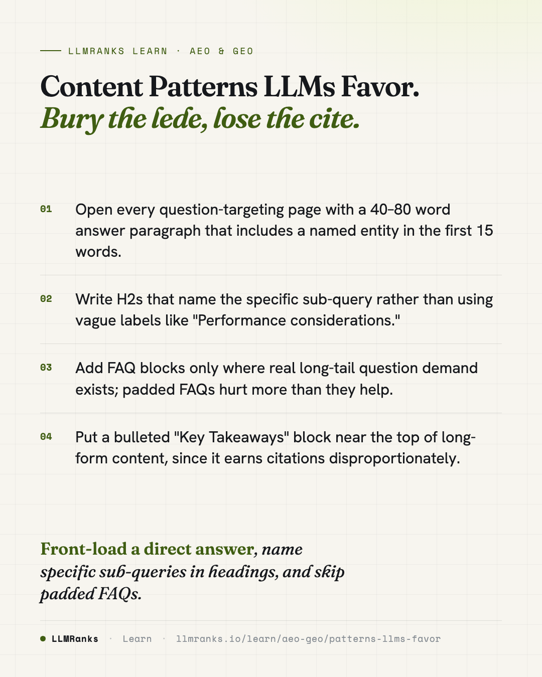 Content Patterns LLMs Favor — key takeaways card