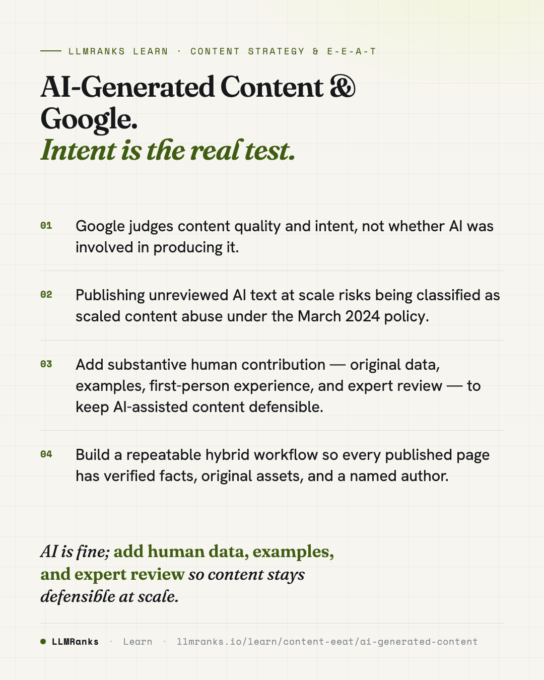 AI-Generated Content & Google — key takeaways card