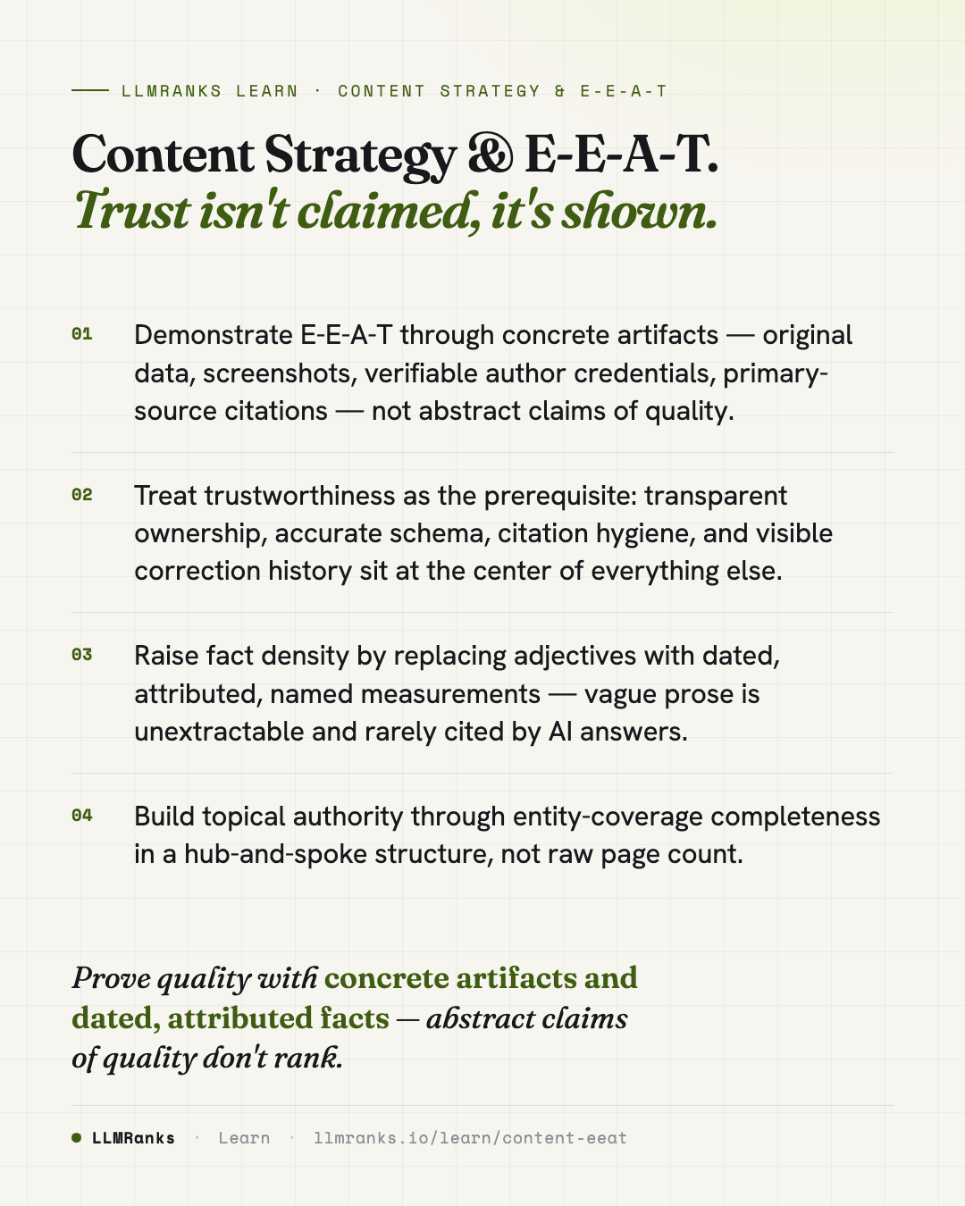 Content Strategy & E-E-A-T — key takeaways card