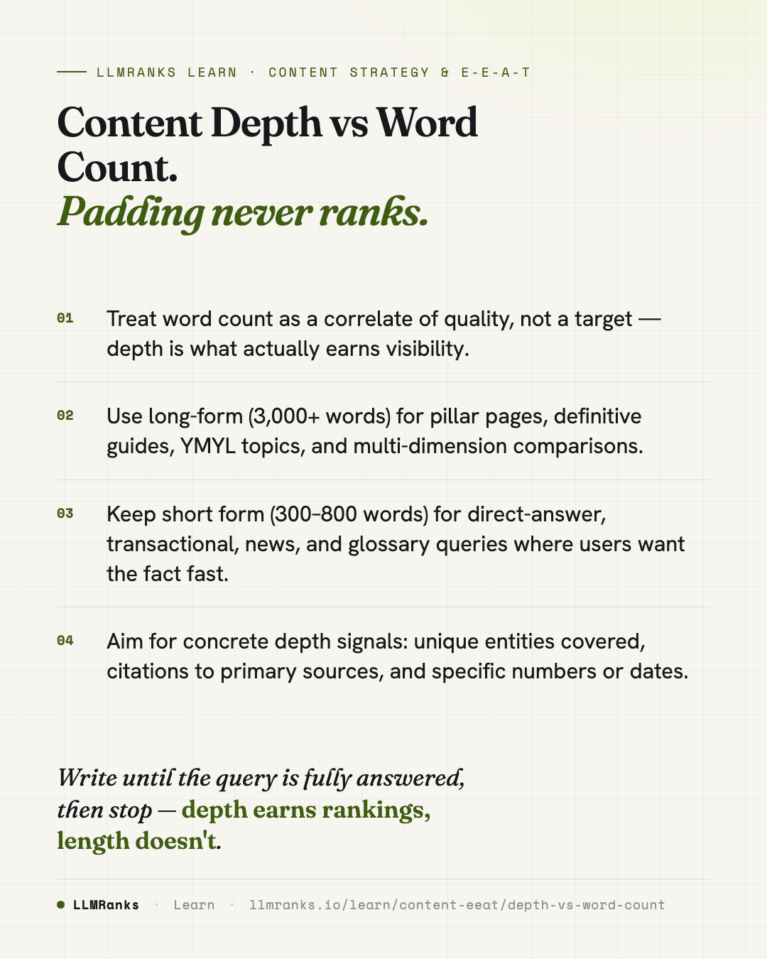 Content Depth vs Word Count — key takeaways card