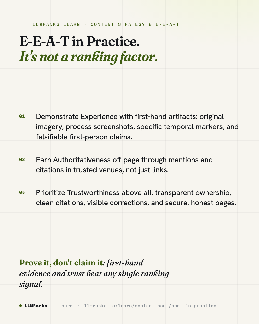 E-E-A-T in Practice — key takeaways card