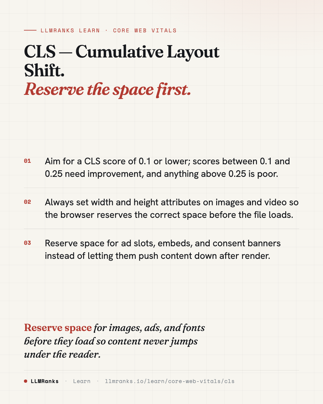 CLS — Cumulative Layout Shift — key takeaways card