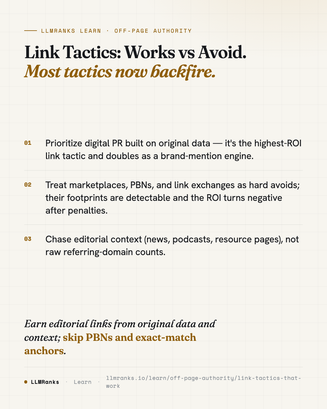 Link Tactics: Works vs Avoid — key takeaways card