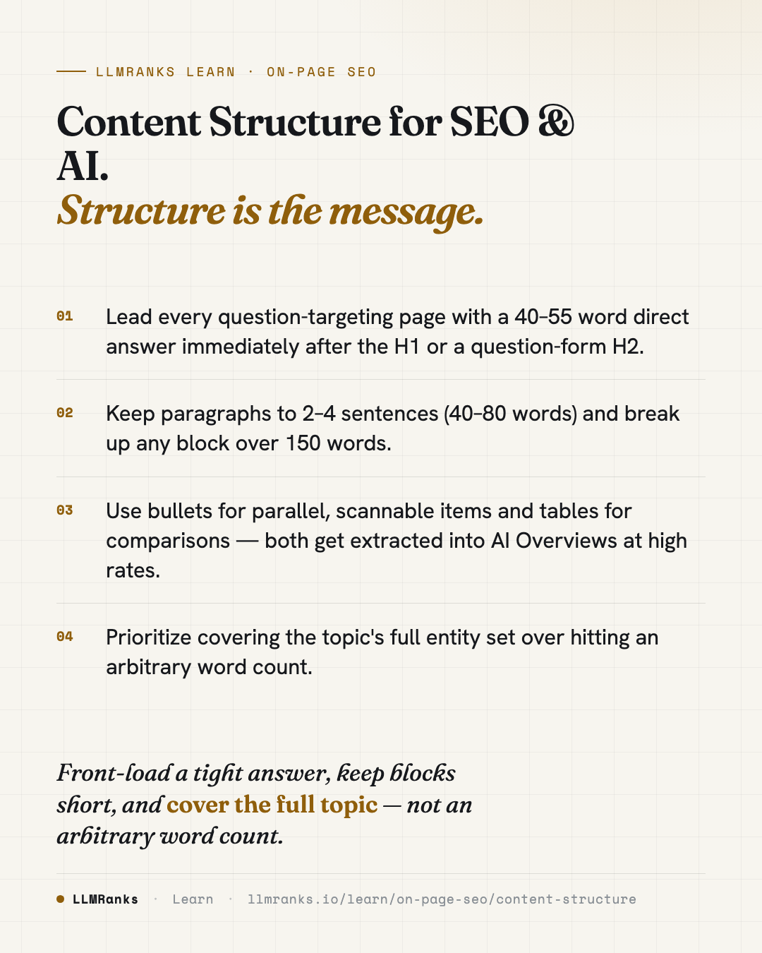 Content Structure for SEO & AI — key takeaways card