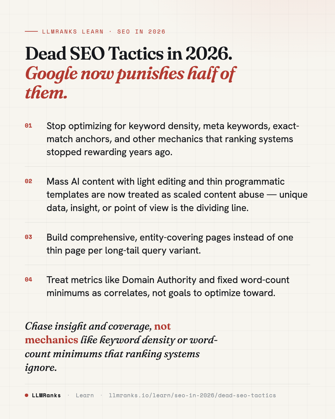 Dead SEO Tactics in 2026 — key takeaways card