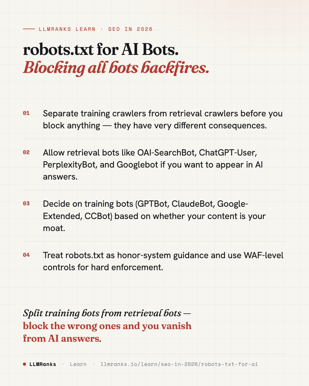 robots.txt for AI Bots — key takeaways card