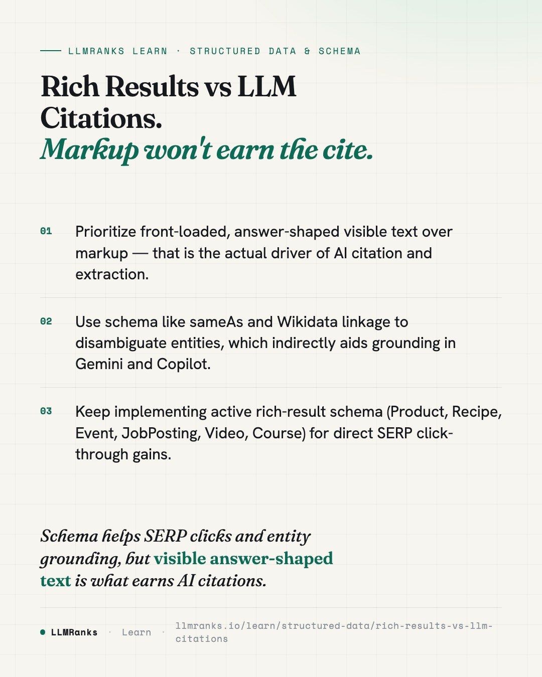 Rich Results vs LLM Citations — key takeaways card