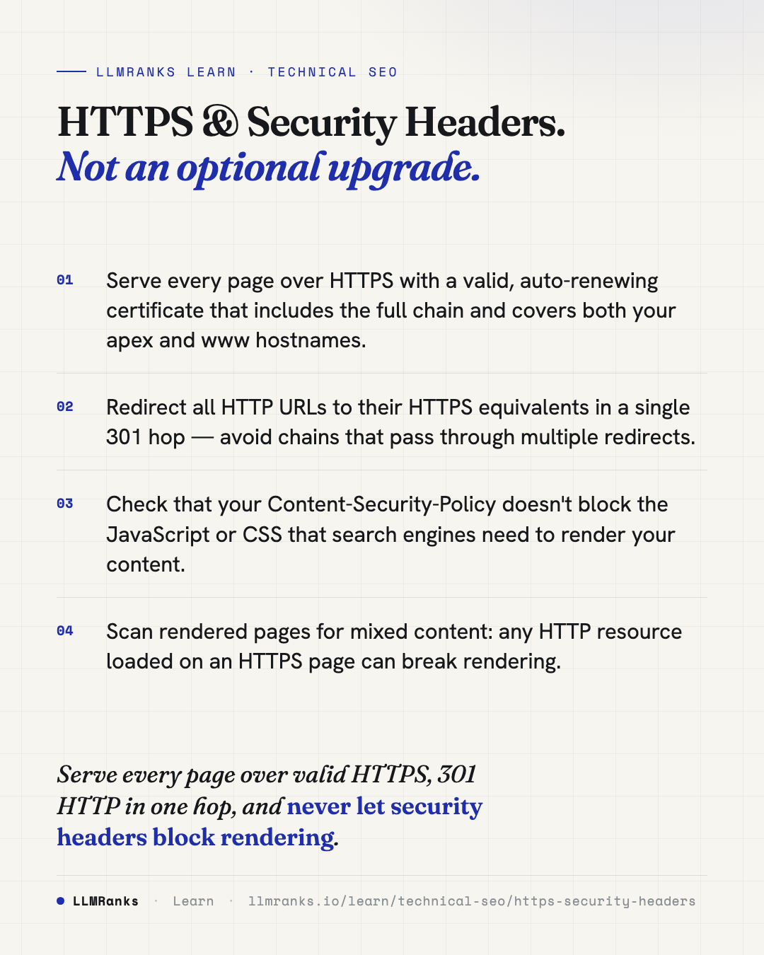 HTTPS & Security Headers — key takeaways card