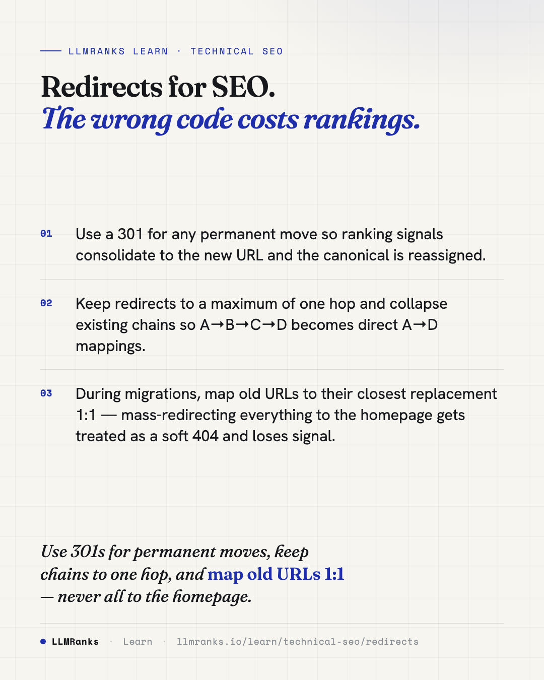 Redirects for SEO — key takeaways card